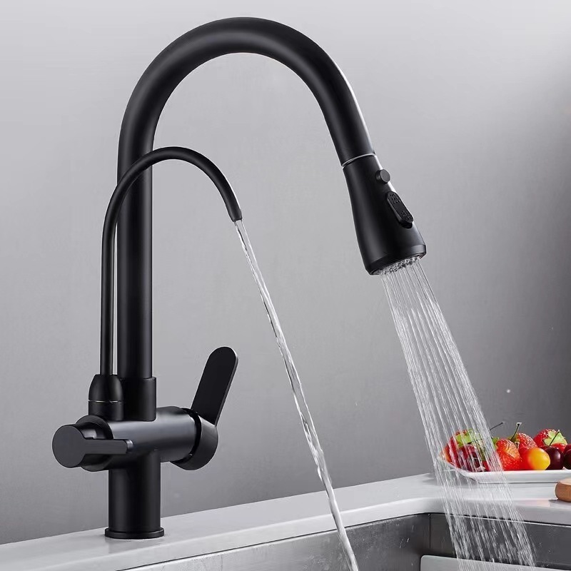 Matte Black 3 Way Water Purifier Kitchen Faucet Stainless Steel 304 Lead Free Water Filter Purifier Pull Out Kitchen Faucet