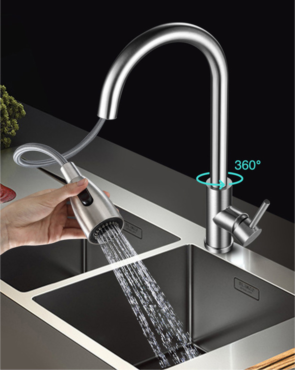 Modern Steel Single Handle 360 Degree Rotating Kitchen Sink Tap Desk Mounted Kitchen Faucets With Pull Down Sprayer