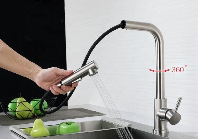 NEW L Shape Stainless Steel Single Handle 360 Swivel Pull Out Kitchen Sink Mixer  Faucets Brushed Nickel with Two Types Sprayer