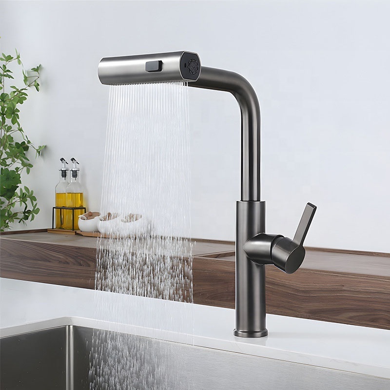 Innovative Waterfall Design Kitchen Sink Faucet 3 Function Sprayer Single Lever Pull Out Sink Mixer Taps For Kitchen