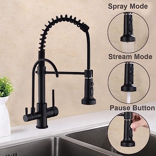 Contemporary Commercial 3 in 1 Spring Pull Down Spray Kitchen Mixer Faucet With Water Filter Purified Faucet