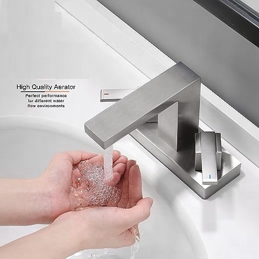 Stainless Steel 2 Handle Centerset Bathroom Sink Faucet 4 Inch Faucet Modern Vanity Faucet With Lead Free Supply Hose