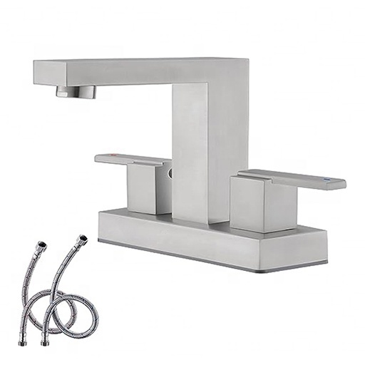 Stainless Steel 2 Handle Centerset Bathroom Sink Faucet 4 Inch Faucet Modern Vanity Faucet With Lead Free Supply Hose