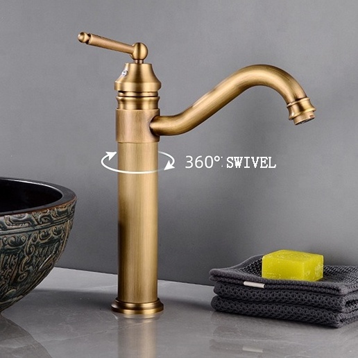 Luxury European Taps Brass Tall Body Rotatable Bathroom Taps Single Handle Long Neck Gold Bathroom Basin Faucet