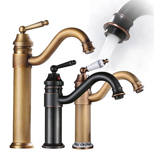 Luxury European Taps Brass Tall Body Rotatable Bathroom Taps Single Handle Long Neck Gold Bathroom Basin Faucet