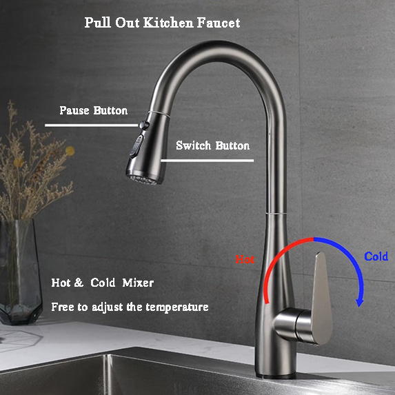 Factory Wholesales Pullout Kitchen Faucet Hot And Cold Mixer Water Tap Pull Down  Spray Head For Kitchen Faucet