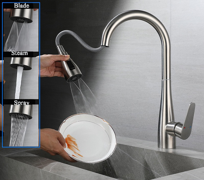 Factory Wholesales Pullout Kitchen Faucet Hot And Cold Mixer Water Tap Pull Down  Spray Head For Kitchen Faucet