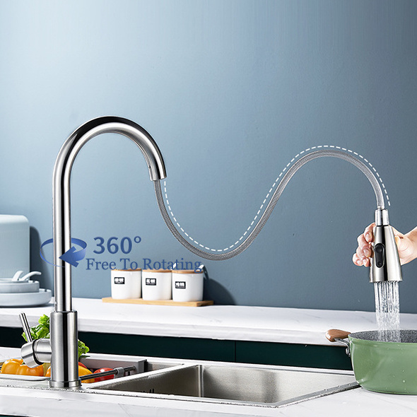 Modern Stainless Steel Pull Out Kitchen Faucet Hot Cold Mixer Kitchen Sink Tap With 360 Degree Rotating Faucet