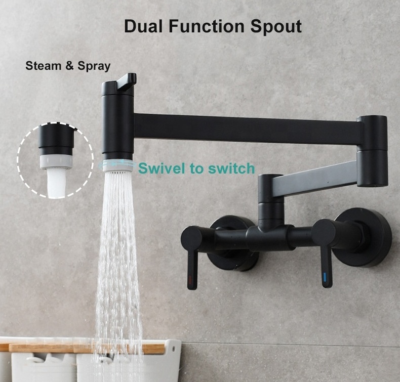 Kitchen Pot Filler Wall Mount Faucet Brass Double Joint Swing Arm Folding Kitchen Sink Faucet Articulating Taps With 3 Handles