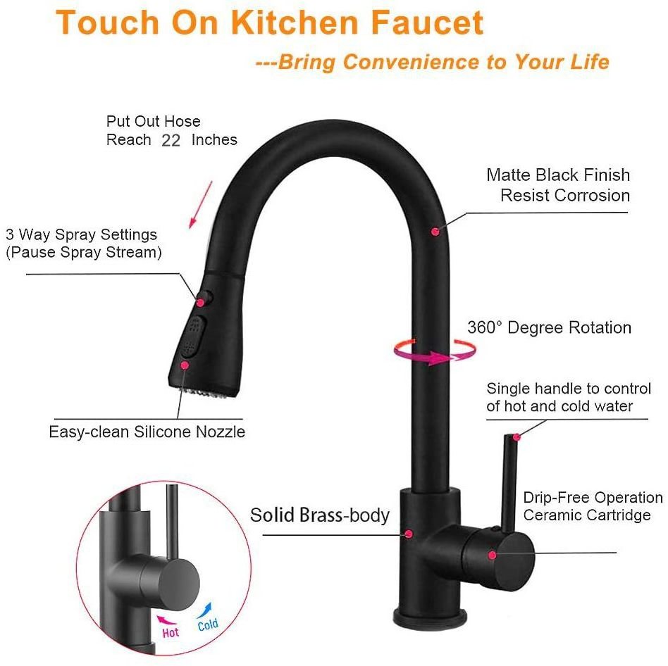 cUPC Lead free SUS304 Matte Black Touch2O Technology Single Handle touch sensor on pull out kitchen faucet mixer