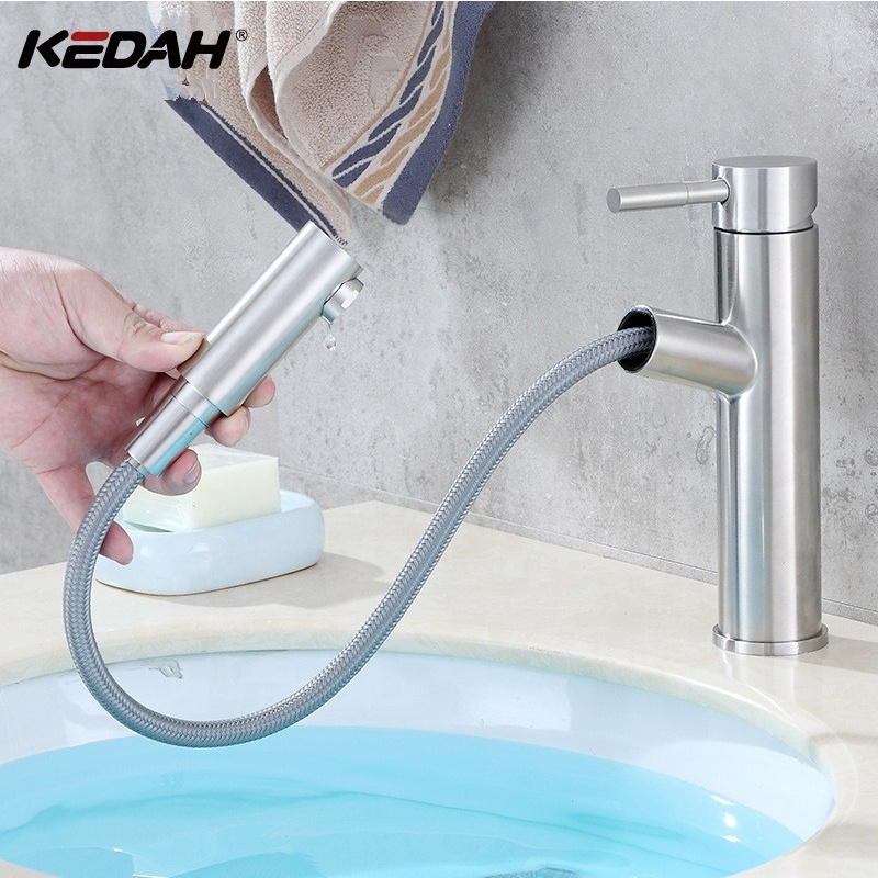 Modern Commercial Brushed Nickel Pull Out Sprayer Bathroom Faucet Vanity Sink Stainless Steel Faucet