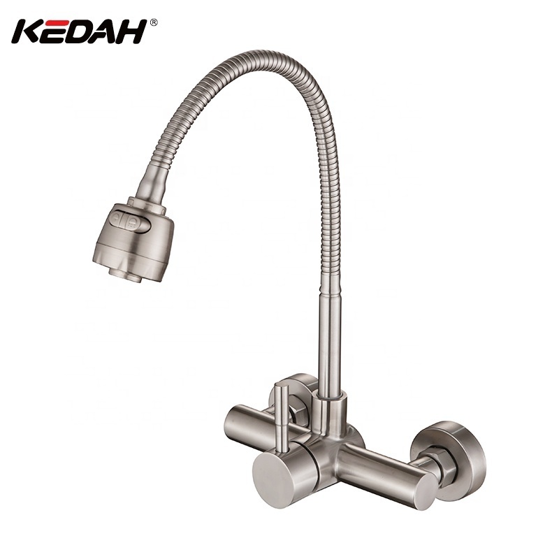 Single Level Two Hole In Wall Kitchen Mixer Faucet Stainless Steel Faucet For Kitchen Sink Brushed Nickel Finish Kitchen Tap