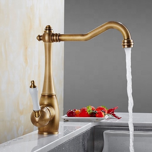 European Style Brass Swivel Kitchen Sink Tap Basin Ceramic Single Handle Gold Hot And Cold Antique Kitchen Faucet