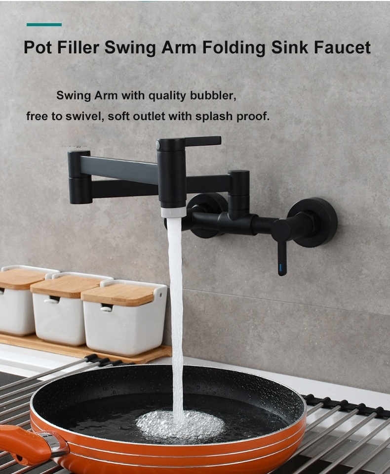 Kitchen Pot Filler Wall Mount Faucet Brass Double Joint Swing Arm Folding Kitchen Sink Faucet Articulating Taps With 3 Handles