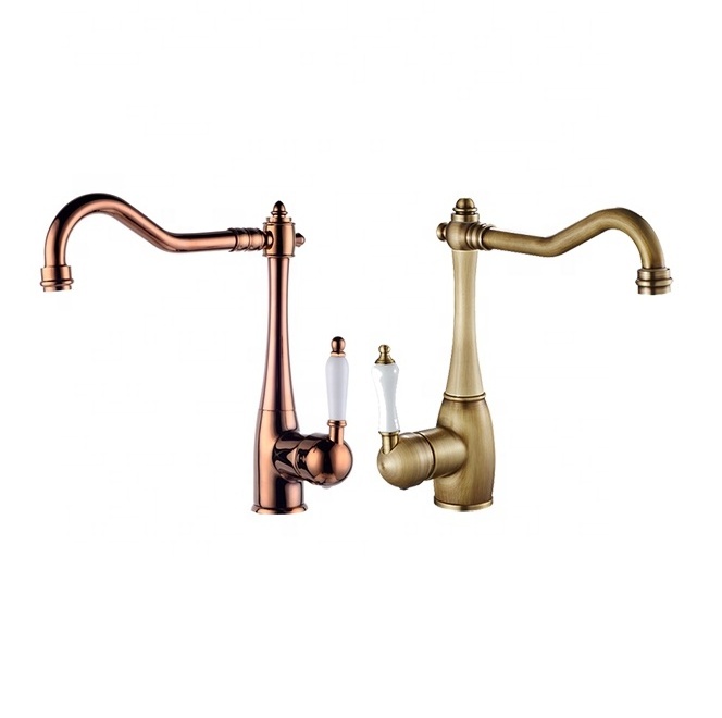 European Style Brass Swivel Kitchen Sink Tap Basin Ceramic Single Handle Gold Hot And Cold Antique Kitchen Faucet