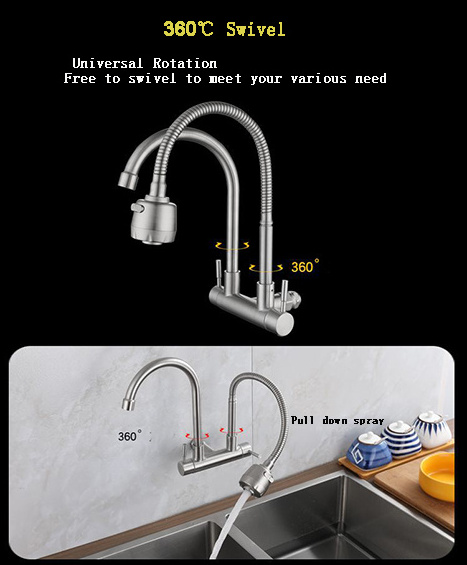 Practical Design Double Outlet Kitchen Faucet 2 Handle Hot Cold Mixer Pull Down Kitchen Faucet 304 Stainless Steel  Water Tap