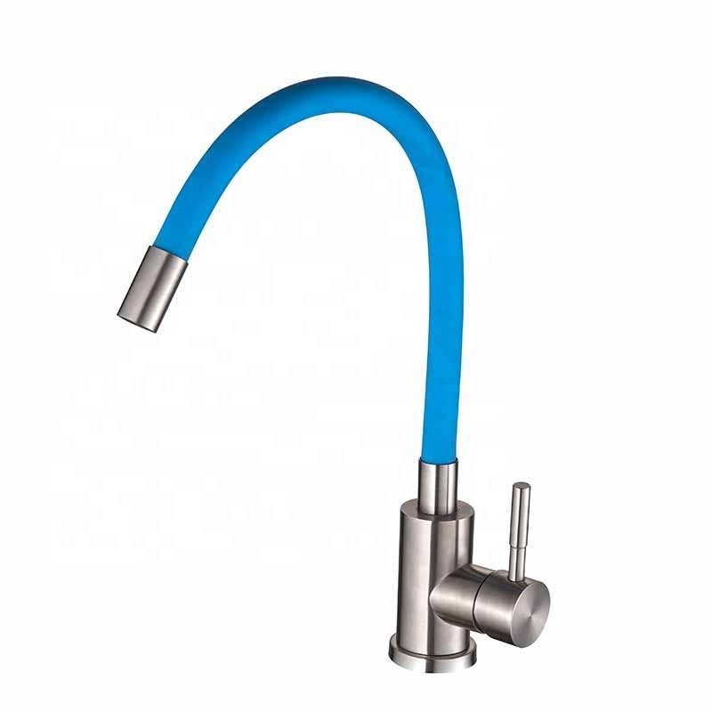 Hot and cold stainless steel 304 Brushed nickel kitchen mixer faucet with Universal folding Blue rubber silicone tube pipe spout