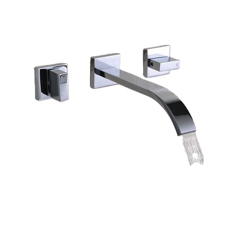 UPC Chrome Brass 2 Lever Handles Square 8 Inch Widespread Wall Mounted Waterfall Bathroom Sink Basin Faucet Trim With Flat Spout