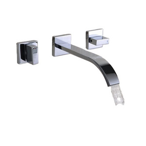 UPC Chrome Brass 2 Lever Handles Square 8 Inch Widespread Wall Mounted Waterfall Bathroom Sink Basin Faucet Trim With Flat Spout