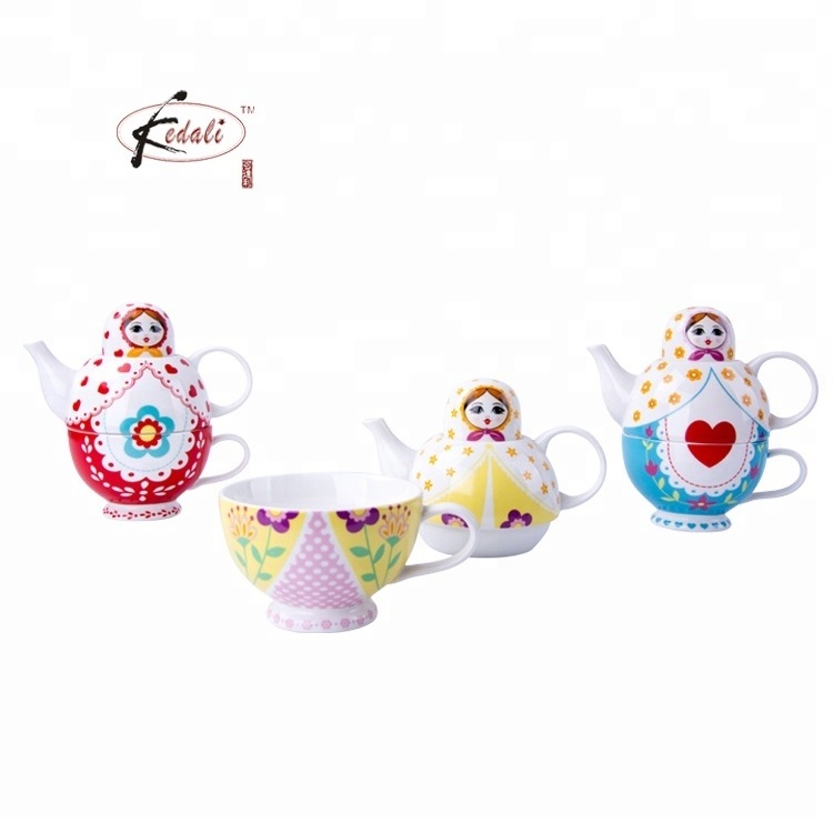 Russian dolls cute design colorful ceramic one person tea pot and cup set