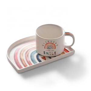 Rainbow Pattern Ceramic Handmade Coffee Cup Mug Saucer Set Stoneware Cappuccino Cup And Saucer Set