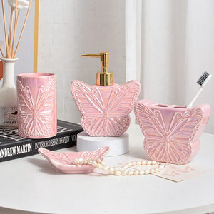 ceramic bath set unique butterfly shape  pink color with decor gift present bathroom accessories set