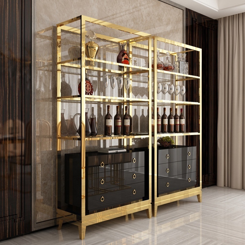 Modern light luxury living room furniture hotel glass wine cabinet stainless steel  dining wine side cabinet display cabinet