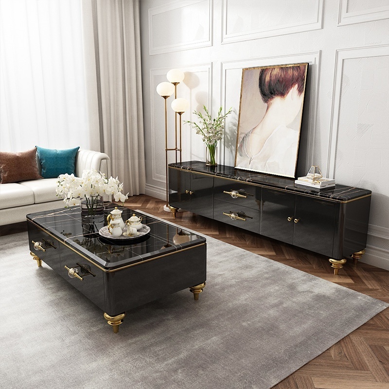 Modern living room furniture classic TV cabinet black noble and light luxury marble TV cabinet TV stand