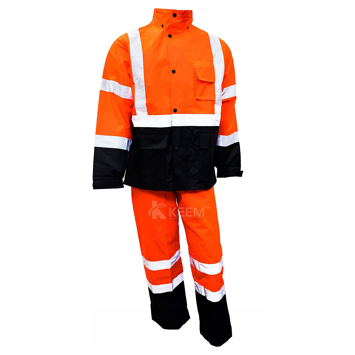 Hi Vis viz Vest Safety Class 3 Rain suit Jacket Pants High Visibility Reflective Black Bottom (3XL, Orange) Motorbike Waistcoat