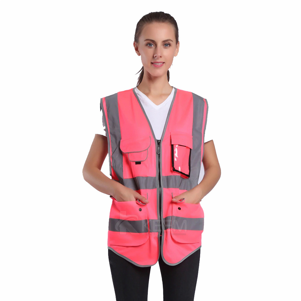 Hi Vis Reflective Pink Safety Vest Work Shirt Workwear Shirts Security Jacket Hi-vis Viz Visibility Vest With Pockets And Zipper