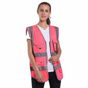 Hi Vis Reflective Pink Safety Vest Work Shirt Workwear Shirts Security Jacket Hi-vis Viz Visibility Vest With Pockets And Zipper