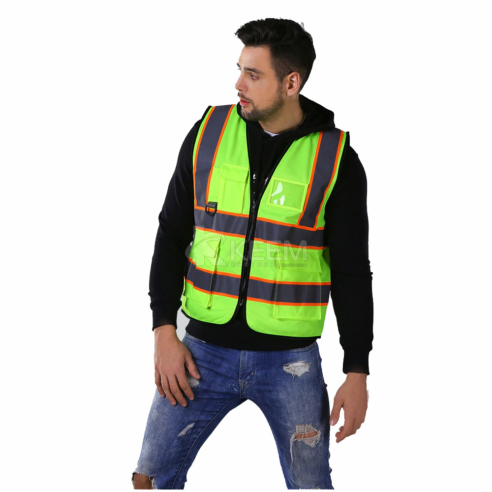 Reflective logo printing Safety Vest Black with 8 Pockets, Zipper Front Hi vis vest workwear clothing