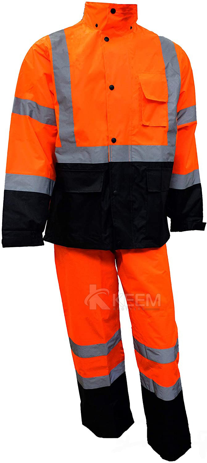 Hi Vis viz Vest Safety Class 3 Rain suit Jacket Pants High Visibility Reflective Black Bottom (3XL, Orange) Motorbike Waistcoat