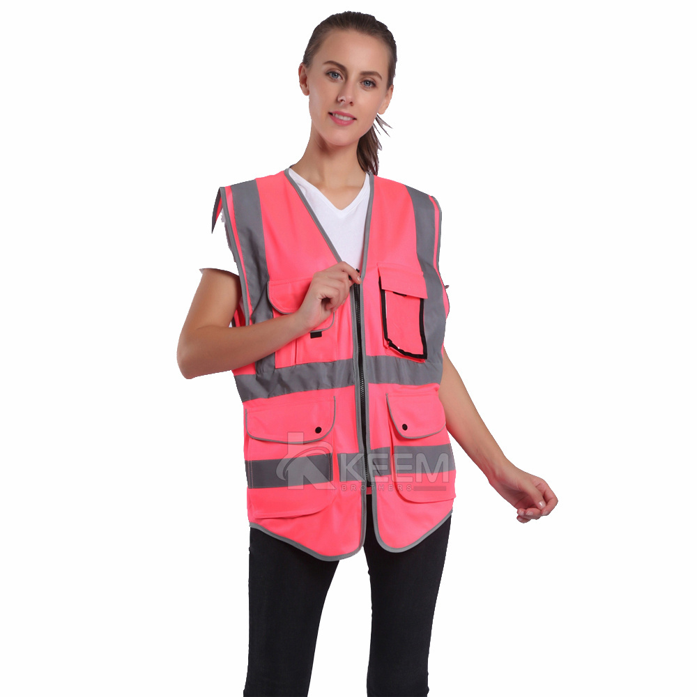 Hi Vis Reflective Pink Safety Vest Work Shirt Workwear Shirts Security Jacket Hi-vis Viz Visibility Vest With Pockets And Zipper