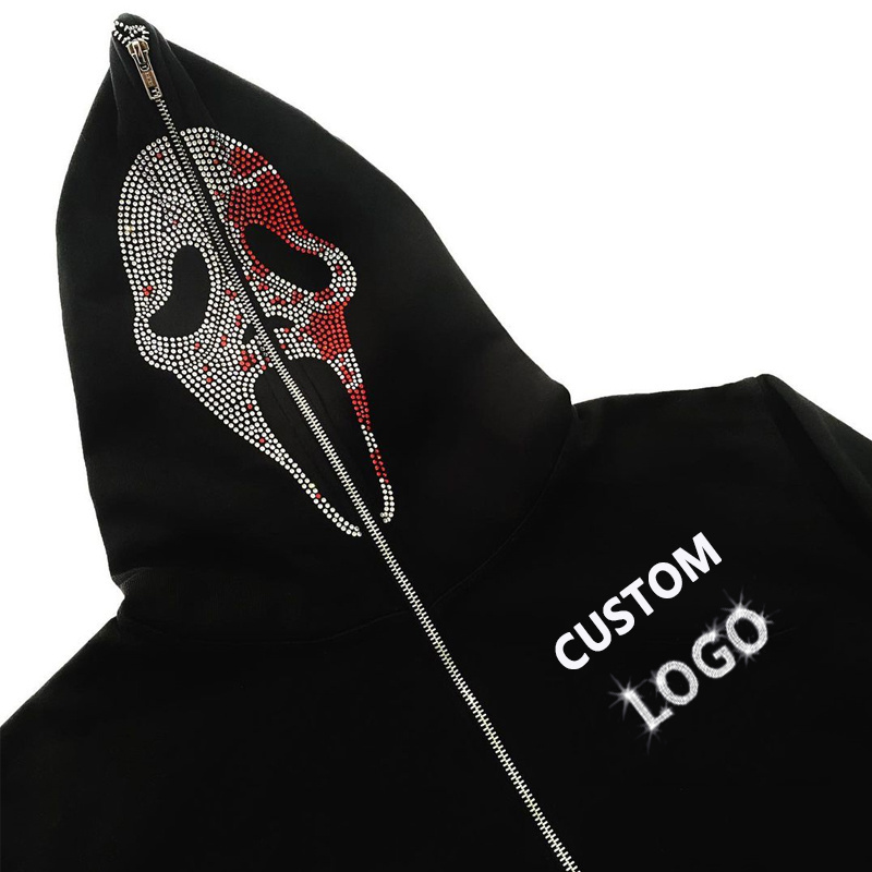 High Quality Oem Eye Holes Streetwear Men Puff Print 100% Cotton Black Face Blank Custom Rhinestone Full Zip Up Hoodie