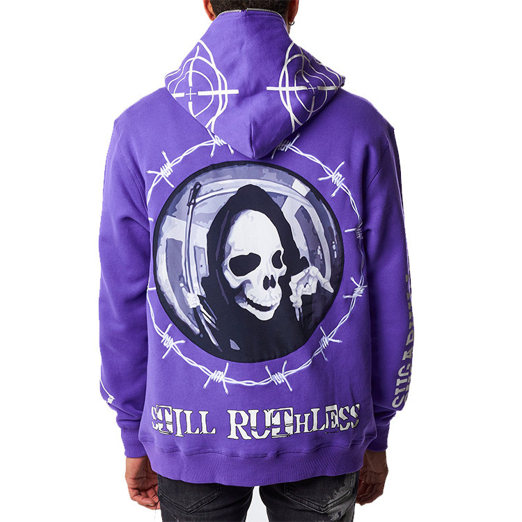 High Quality Oem Eye Holes Streetwear Men Puff Print 100% Cotton Black Face Blank Custom Rhinestone Full Zip Up Hoodie