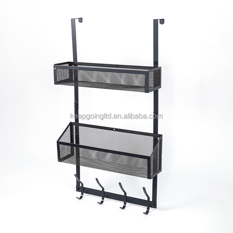 2 Tire Hanging Storage Rack Behind The Door Wall Mount Metal Basket with Hooks Pantry Organizer