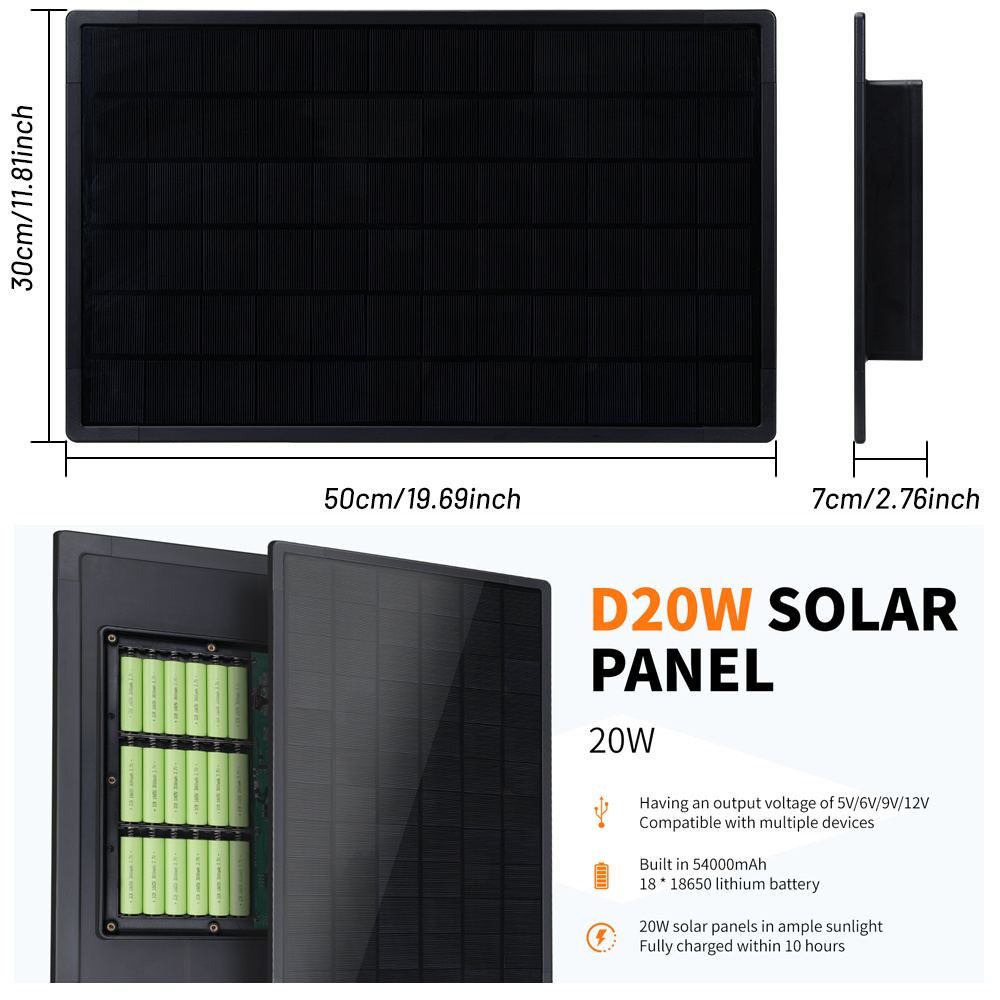 Solar Panels For Hunting Trail Camera Built In Battery 18650  12V 20W 54000mAh Rechargeable With USB DC5 Plug