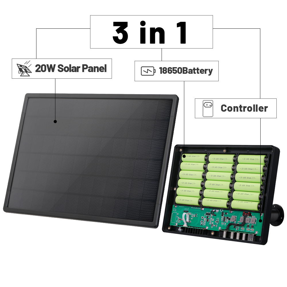 Solar Panels For Hunting Trail Camera Built In Battery 18650  12V 20W 54000mAh Rechargeable With USB DC5 Plug