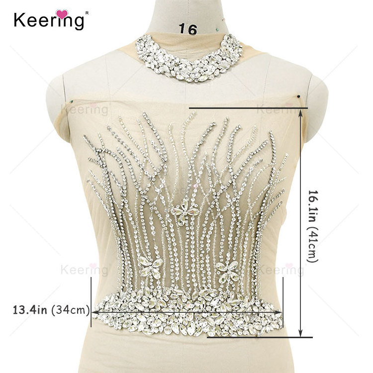 Bling Sexy Girl Nigerian Lace Wedding Sequin Sew-on Rhinestone Bodice Applique For Dress Designs WDP-153