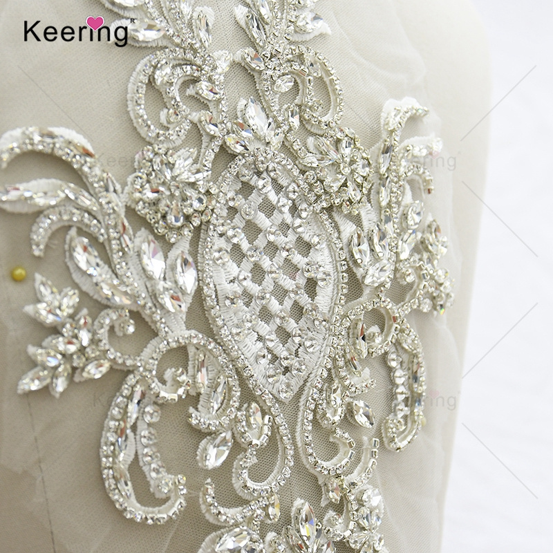 New Arrival White Lace Custom Beaded Glass Crafts Rhinestone Designs Patches For Dress Gown