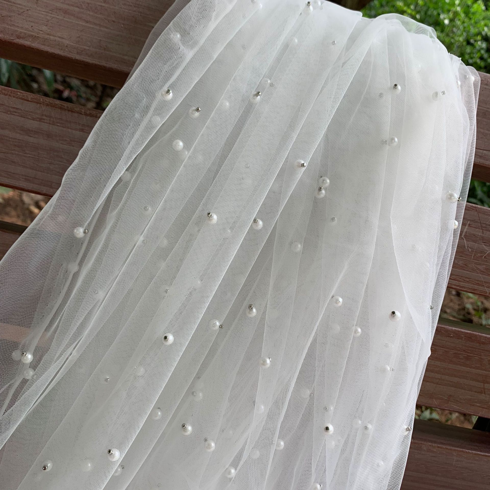 Keering Blue Black White Skin Color Beaded Pearl Mesh Tulle French Stretch Nylon Net Fabric Bridal For Wedding Dress Veil