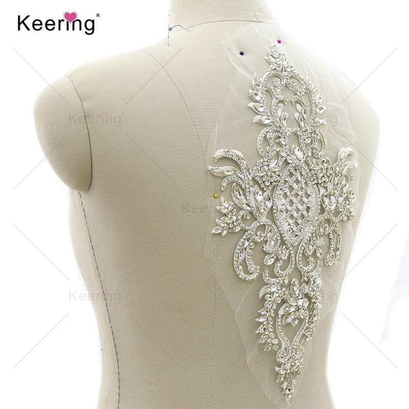 New Arrival White Lace Custom Beaded Glass Crafts Rhinestone Designs Patches For Dress Gown