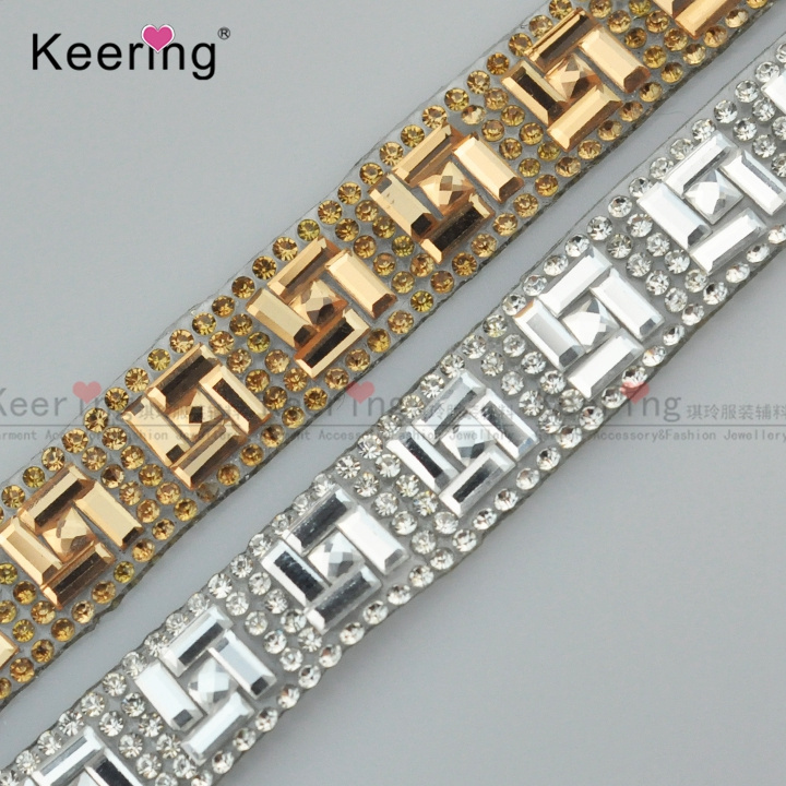 Champagne  beaded trimming tape with hot-fix rhinestone for garments decoration WRPB-144