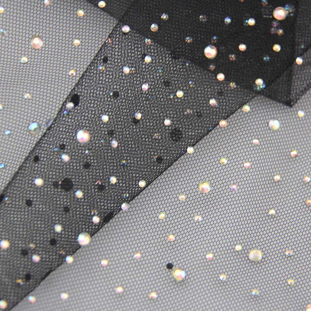 Keering See Through Glue Rhinestone Polyester Mesh Fabric Stretch For Women Clothing Dress