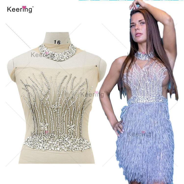 Bling Sexy Girl Nigerian Lace Wedding Sequin Sew-on Rhinestone Bodice Applique For Dress Designs WDP-153