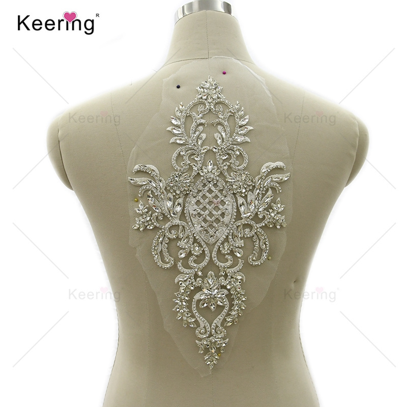 New Arrival White Lace Custom Beaded Glass Crafts Rhinestone Designs Patches For Dress Gown