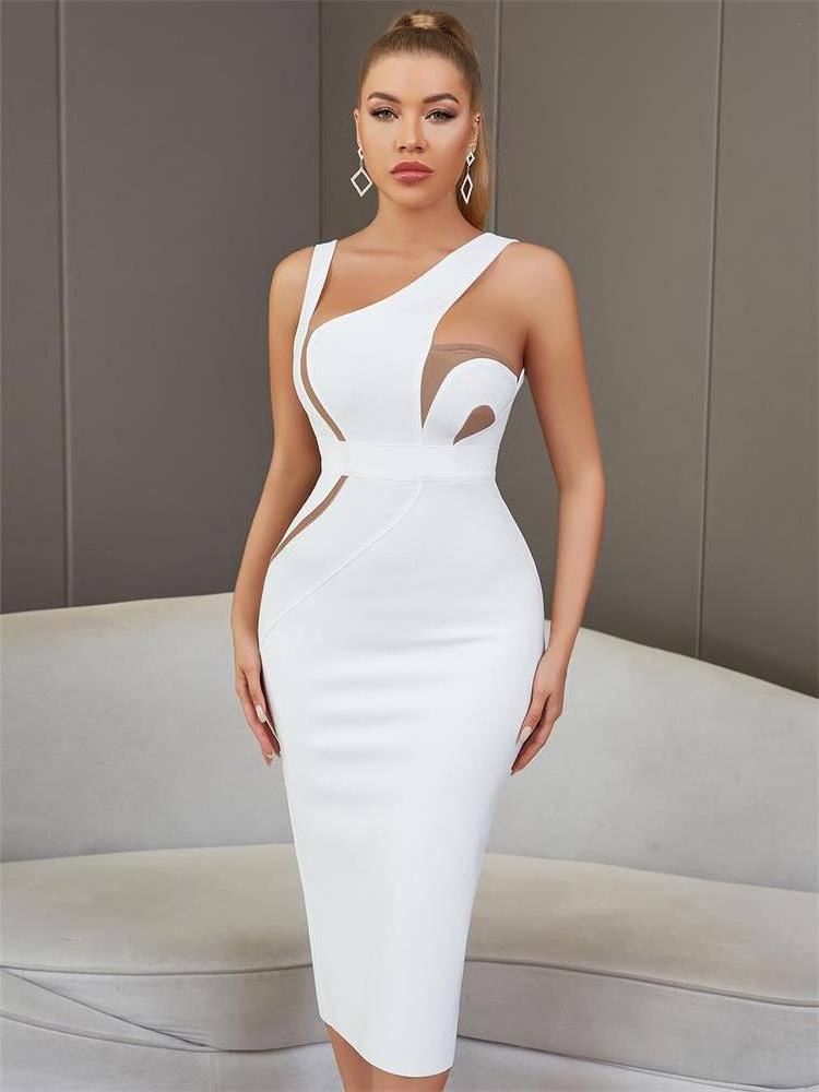 2024 Attractive Summer Women Sexy Sloping Shoulder Tight Bag Hip Party White Evening Dress