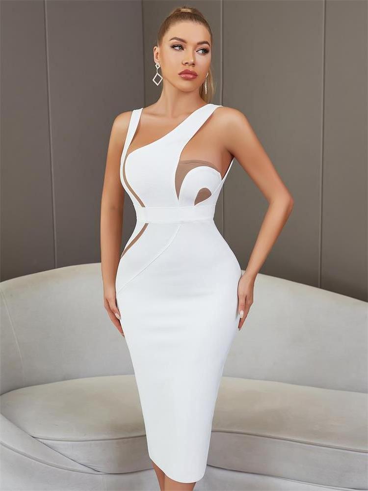 2024 Attractive Summer Women Sexy Sloping Shoulder Tight Bag Hip Party White Evening Dress