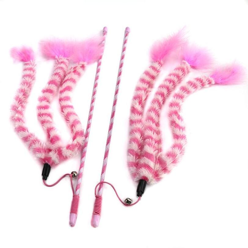 Low MOQ pet cat supply purple pink blue feather long stripe fleece plush stick cat teaser toys with bells